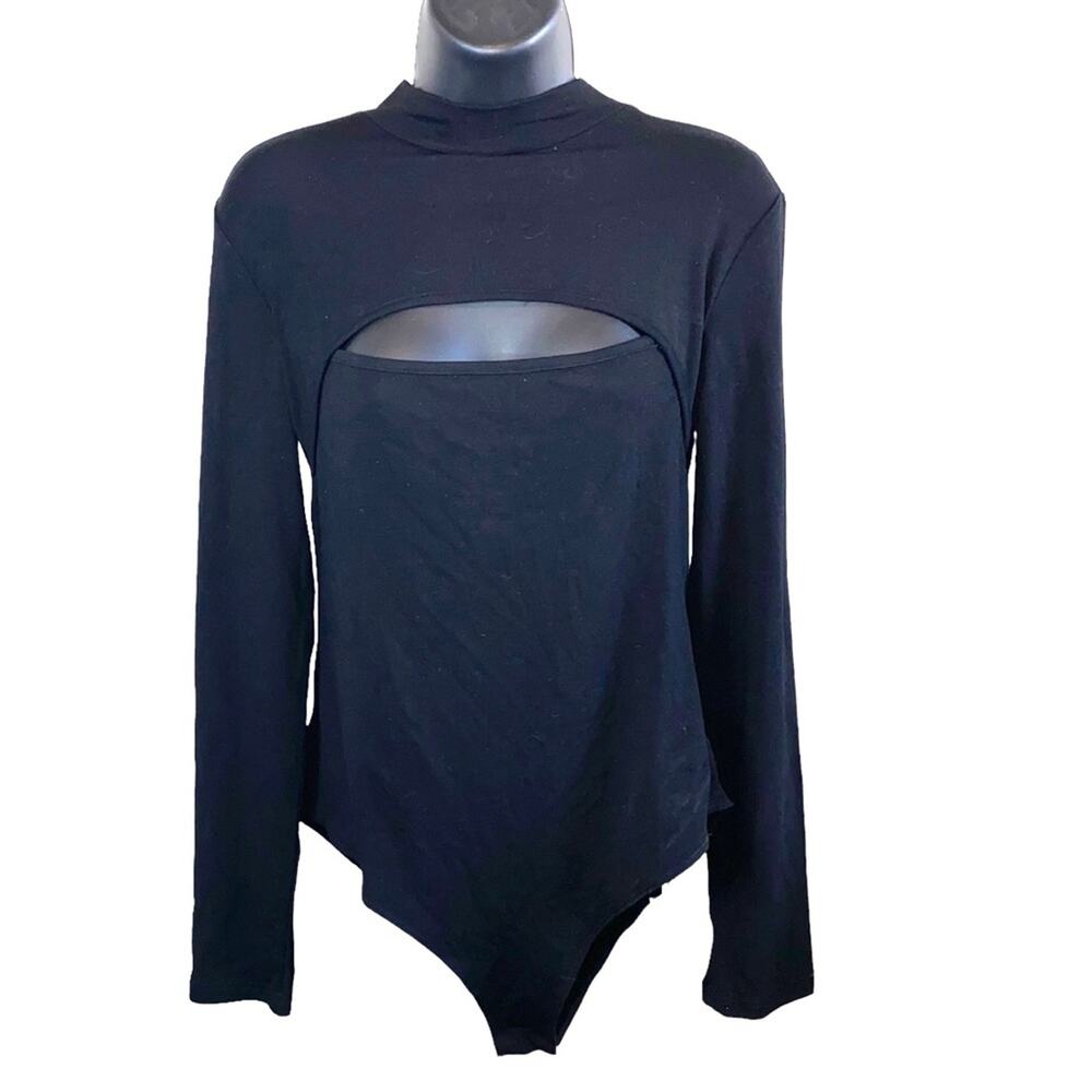 NWT Mangopop Black Cutout Bodysuit XL Mock Neck Long Sleeve Bodycon Top